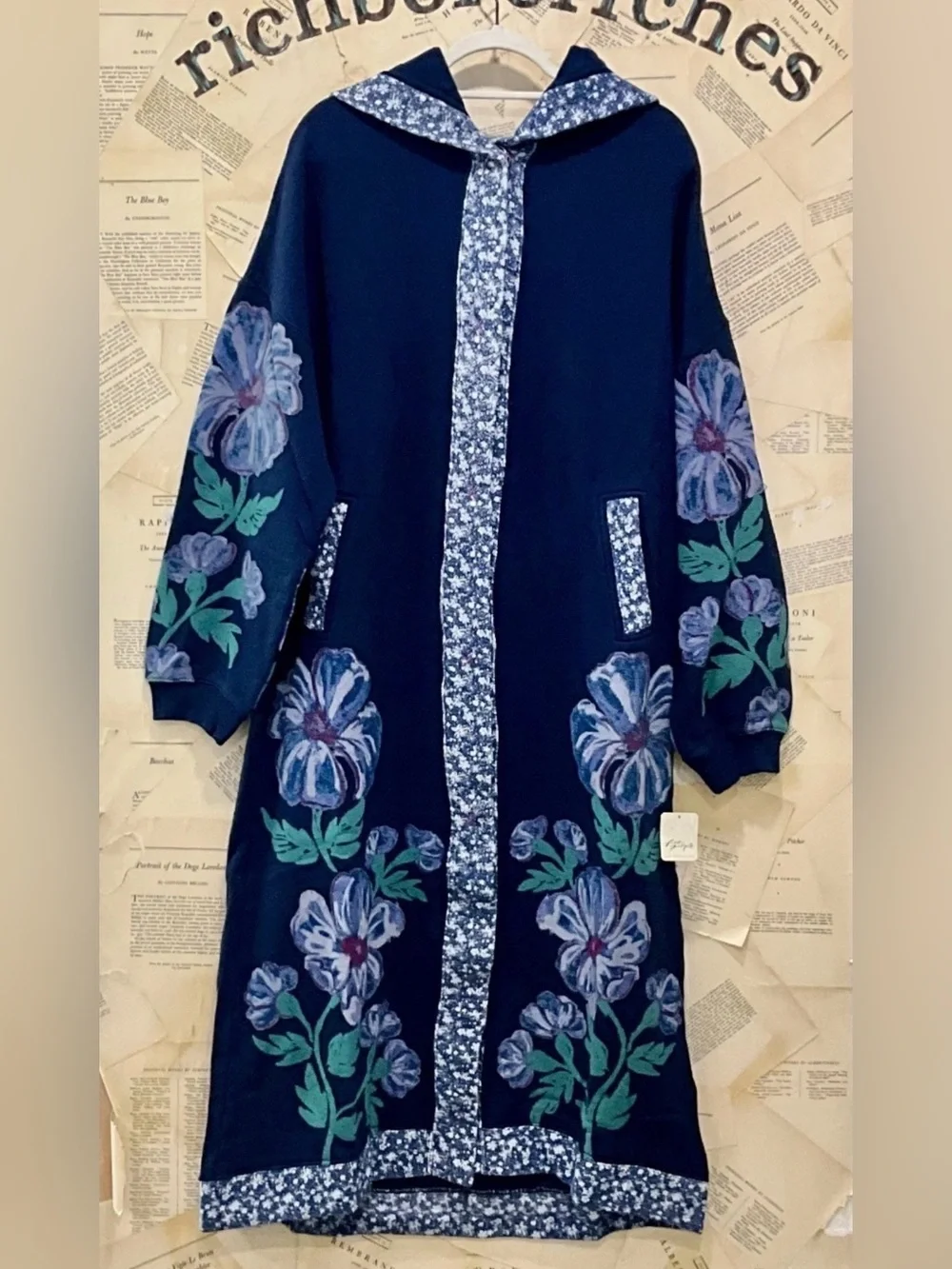 Free People Super Bloom Hood Maxi Sweatshirt Maxi Cardi Coat Blue Flowers
